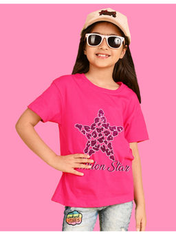 Nusyl - Girls Hot Pink Star and Graphic Oversized T-shirt