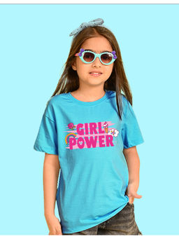 Nusyl - Sky Blue Flower and Girl Power Text Printed Oversized T-shirt
