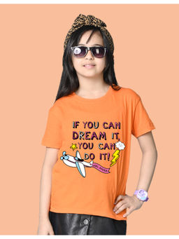 Nusyl - Girls Orange If You Can Dream It Text Printed Oversized T-shirt