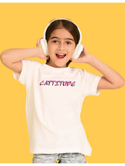 Nusyl - Girls White Cattitude Text Printed Oversized T-shirt
