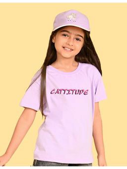 Nusyl - Girls Lavender Cattitude Text Printed Oversized T-shirt