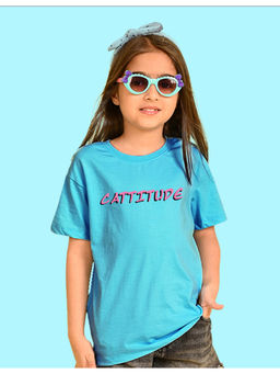 Nusyl - Girls Sky Blue Cattitude Text Printed Oversized T-shirt