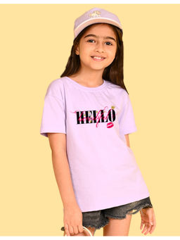 Nusyl - Girls Lavender Hellow Text Printed Oversized T-shirt