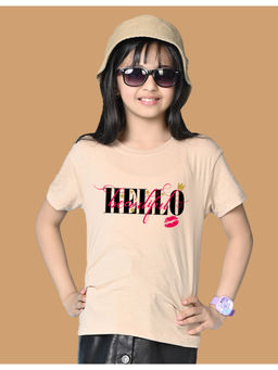 Nusyl - Girls Beige Hellow Text Printed Oversized T-shirt