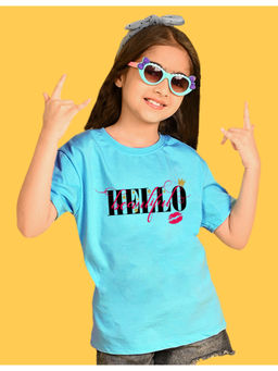 Nusyl - Girls Sky Blue Hellow Text Printed Oversized T-shirt