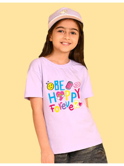 Nusyl - Girls Lavender Be Happy Forever Text Printed Oversized T-shirt