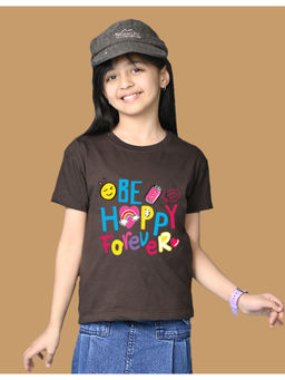 Nusyl - Girls Brown Be Happy Forever Text Printed Oversized T-shirt