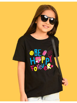Nusyl - Girls Black Be Happy Forever Text Printed Oversized T-shirt