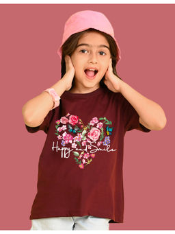 Nusyl - Girls Maroon Flower and Graphic Oversized T-shirt