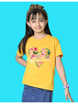 Nusyl - Girls Yellow Flower and Graphic Oversized T-shirt