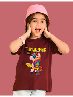Nusyl - Girls Maroon Tropical Magic Graphic Oversized T-shirt