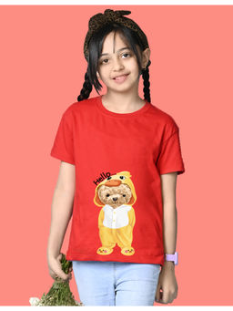 Nusyl - Girls Red Teddy Bear and Graphic Oversized T-shirt