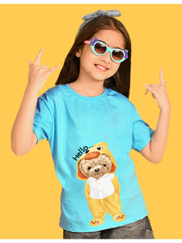 Nusyl - Girls Sky Blue Teddy Bear and Graphic Oversized T-shirt