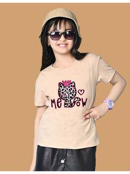 Nusyl - Girls Beige Cat and Graphic Oversized T-shirt