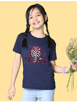 Nusyl - Girls Navy Blue Cat and Graphic Oversized T-shirt