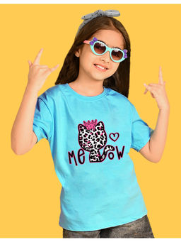 Nusyl - Girls Sky Blue Cat and Graphic Oversized T-shirt