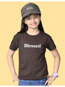 Nusyl - Girls Brown Blessed Text Printed Oversized T-shirt