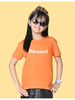 Nusyl - Girls Orange Blessed Text Printed Oversized T-shirt
