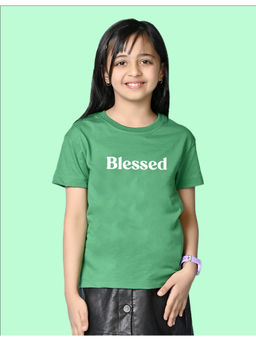 Nusyl - Girls Green Blessed Text Printed Oversized T-shirt