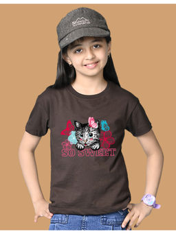 Nusyl - Girls Brown Cat and So Sweet Graphic Oversized T-shirt