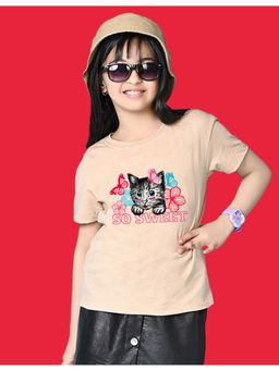 Nusyl - Girls Beige Cat and So Sweet Graphic Oversized T-shirt
