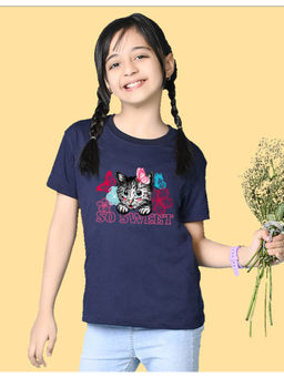 Nusyl - Girls Navy Blue Cat and So Sweet Graphic Oversized T-shirt
