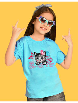 Nusyl - Girls Sky Blue Cat and So Sweet Graphic Oversized T-shirt