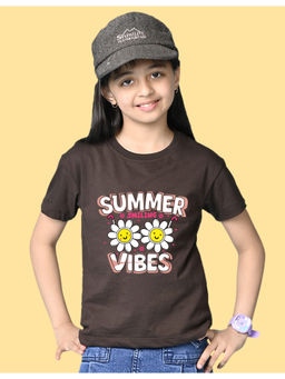Nusyl - Girls Brown Summer Vibes Graphic Oversized T-shirt