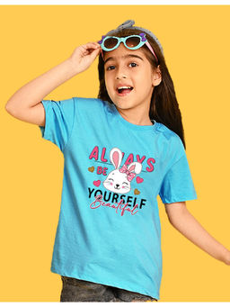 Nusyl - Girls Sky Blue Rabbit and Graphic Oversized T-shirt