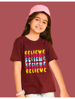 Nusyl - Girls Maroon Believe Text Printed Oversized T-shirt