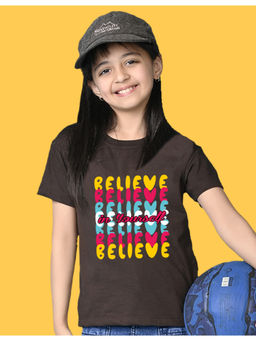 Nusyl - Girls Brown Believe Text Printed Oversized T-shirt