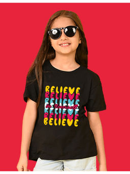 Nusyl - Girls Black Believe Text Printed Oversized T-shirt