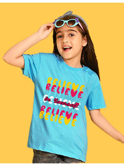 Nusyl - Girls Sky Blue Believe Text Printed Oversized T-shirt
