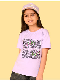 Nusyl - Girls Lavender Keep Smiling Text Printed Oversized T-shirt