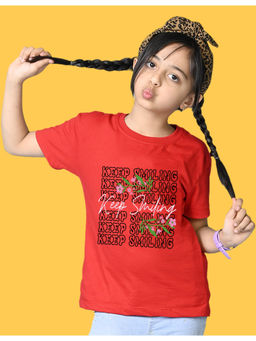 Nusyl - Girls Red Keep Smiling Text Printed Oversized T-shirt