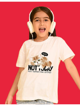 Nusyl - Girls White Cat and Not Today Graphic Oversized T-shirt