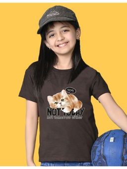 Nusyl - Girls Brown Cat and Not Today Graphic Oversized T-shirt