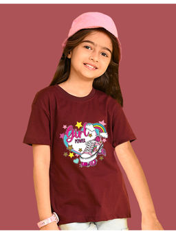 Nusyl - Girls Maroon Skate and Girl Power Graphic Oversized T-shirt