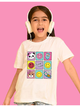 Nusyl - Girls White Bears and Smile Emoji Graphic Oversized T-shirt