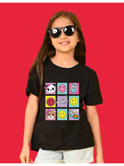 Nusyl - Girls Black Bears and Smile Emoji Graphic Oversized T-shirt