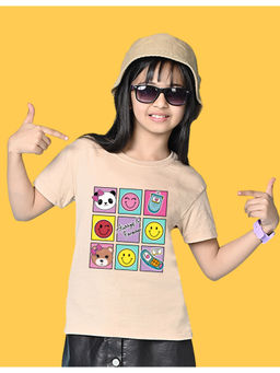 Nusyl - Girls Beige Bears and Smile Emoji Graphic Oversized T-shirt
