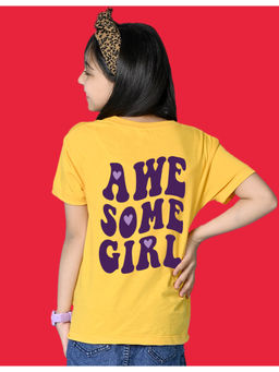 Nusyl - Girls Yellow Awesome Girl Text Printed Oversized T-shirt