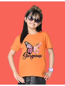 Nusyl - Girls Orange Butterfly and Gorgeous Graphic Oversized T-shirt
