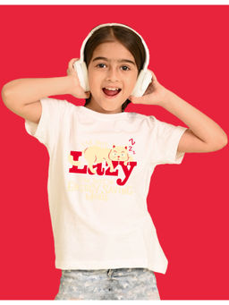 Nusyl - Girls White Lazy Text Printed Oversized T-shirt