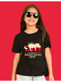 Nusyl - Girls Black Lazy Text Printed Oversized T-shirt