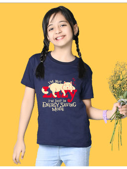 Nusyl - Girls Navy Blue Lazy Text Printed Oversized T-shirt