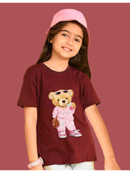 Nusyl - Girls Maroon Cute Bears Graphic Oversized T-shirt