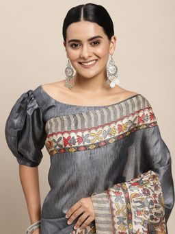 Odette - Khadi Silk Grey Printed Saree with Unstitched Blouse