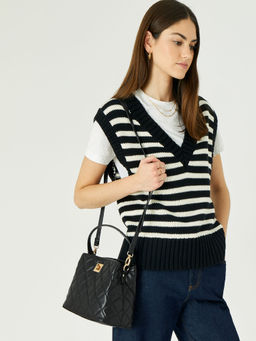 Accessorize London - Women'S Faux Leather Black Quilted Handheld Large Satchel Bag