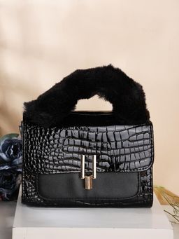 ZEVORA - Women Textured Handbag With Detachable Strap - Black